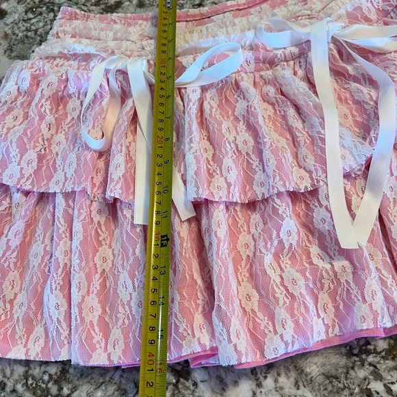 XL SHEIN MOD Knot Front Ruched Two Layer Hem Sexy Pink Lace Skirt Bows Kawaii - Picture 3 of 10